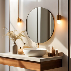 modern bathroom interior with mirror - obrazy, fototapety, plakaty