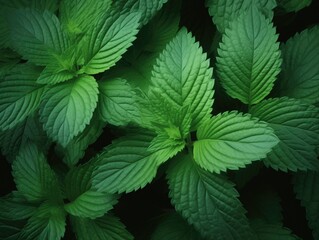 Vibrant green mint leaves with intricate veins on a black background. Hyper-realistic and sharply defined, the image showcases the refreshing and aromatic qualities of this herbal plant