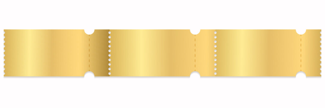 Vector golden tickets template empty. Cinema, theater,casino, concert, game, party, event, festival gold ticket.Metal color coupon.Vector illustration.