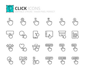 Line icons about click. Pixel perfect 64x64 and editable stroke