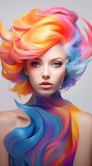 Obraz premium Close-up side profile portrait of a beautiful female model with a lush hairstyle, multicolored dyed hair on a white background. Fashion, colors, trends concepts.