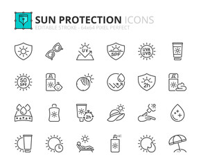 Line icons about sun protection. Pixel perfect 64x64 and editable stroke