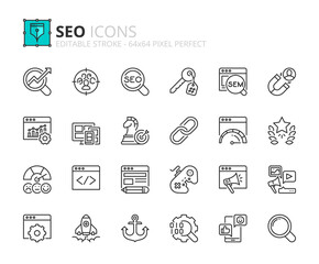 Line icons about SEO. Pixel perfect 64x64 and editable stroke