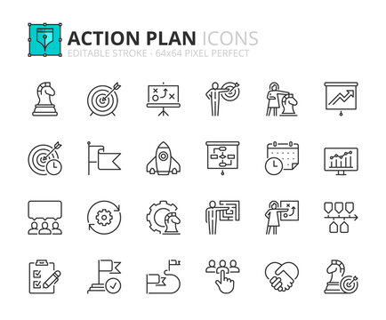 Line icons about action plan. Pixel perfect 64x64 and editable stroke