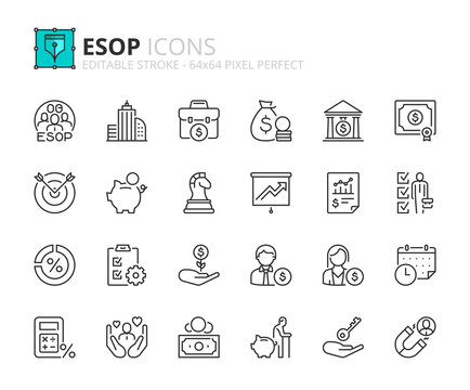 Simple set of outline icons about ESOP employee stock ownership plan