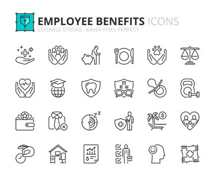 Line icons about employee benefits. Pixel perfect 64x64 and editable stroke