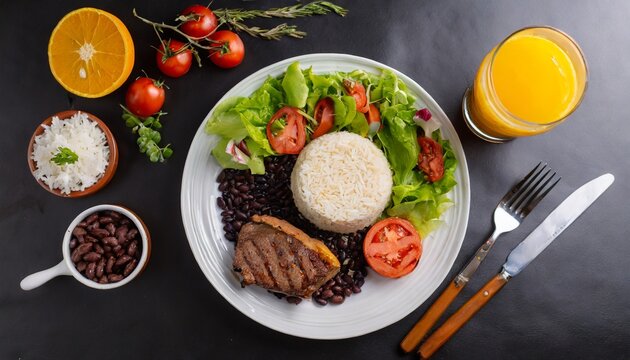 Top view de refeição tipo prato feito com:  arroz, feijão, bife  e salada