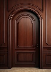 Luxurious wooden door with intricate patterns, perfectly balanced symmetry, and rich texture. Meticulously carved and shaped panels showcase the highest quality wood