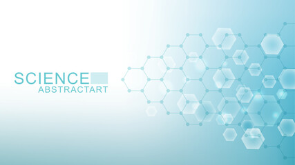 Modern science background with lines, dots and hexagons. Wave flow abstract background. Molecular structure for medical, technology, chemistry, science. Vector illustration