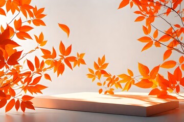 Orange product display podium with shadow nature leaves. 