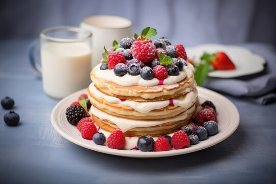 Delicious homemade pancakes with fresh raspberries, blueberries, blackberries, strawberries with whipped cream on a white plate. A healthy brunch concept. Sunday appetizing lunch. Close-up. 