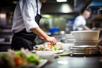 Obraz na płótnie Canvas Chef in uniform preparing salad in professional kitchen in restaurant.