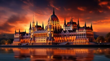 Hungarian parliament building at night - Powered by Adobe