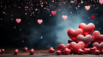 Valentines day background with red hearts on dark bokeh