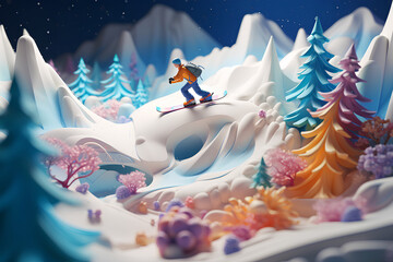 不思議な雪山のスノボー（3D）ジオラマ