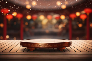 Fototapeta premium chinese style spring wooden podium mockup,For cosmetics, products, perfume or jewelry with Chinese New Year background made of wood,branches, Chinese lanterns