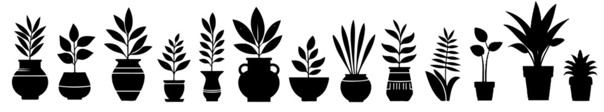 Houseplants. Vector set silhouettes home plants, succulents in pot. Indoor exotic flowers with stems and leaves. Monstera, ficus, pothos, yucca, dracaena, cacti, snake plant for home and interior