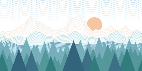 Stylized landscape, abstract mountain view, forest and the setting sun, vector illustration - obrazy, fototapety, plakaty
