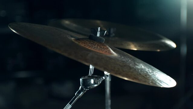 Super slow motion of drummer banging on cymbal. Filmed on high speed cinema camera, 1000 fps.