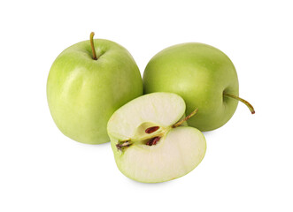 Whole and cut green apples isolated on white