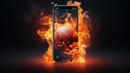 smartphone screen showcasing a vibrant graphic of a basketball engulfed in flames