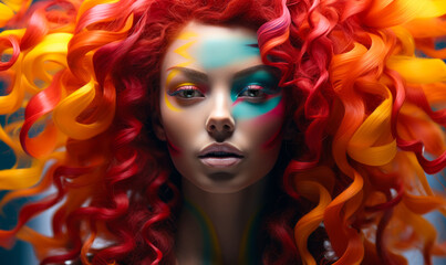 Fototapeta premium Vibrant fantasy portrait of a woman with fiery red curls and exotic face paint in a spectrum of rainbow colors, embodying a mythical, fiery spirit