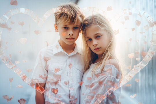 Blurred Little boy and girl in a white shirt on the background of hearts.