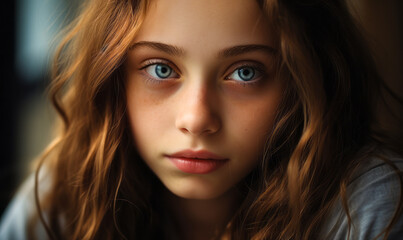 Close-up portrait of a young girl with soulful blue eyes and flowing brown hair, her delicate features illuminated by soft natural light