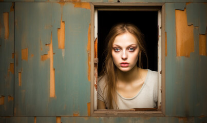 Ethereal young woman gazing through a vintage, rust-stained window, embodying a haunting beauty in a decayed setting