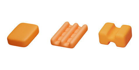 Realistic pad, pill chewing gum, 3D vector set, orange color fruity or berry flavor bubble gum, render chewy candies