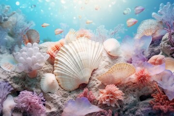 Fototapeta na wymiar Starfish and various seashells macro background. Sshells have different shapes, colors and textures, creating stunning pattern. Mermaidcore aesthetic, marine life, fantasy, fashion and beauty concept