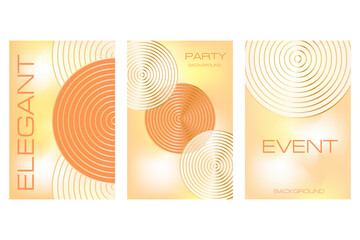 Elegant geometric poster set with gold circles. Aesthetic nude orange poster set for festival or corporate event party with copy space. Luxury template with glowing gold lines