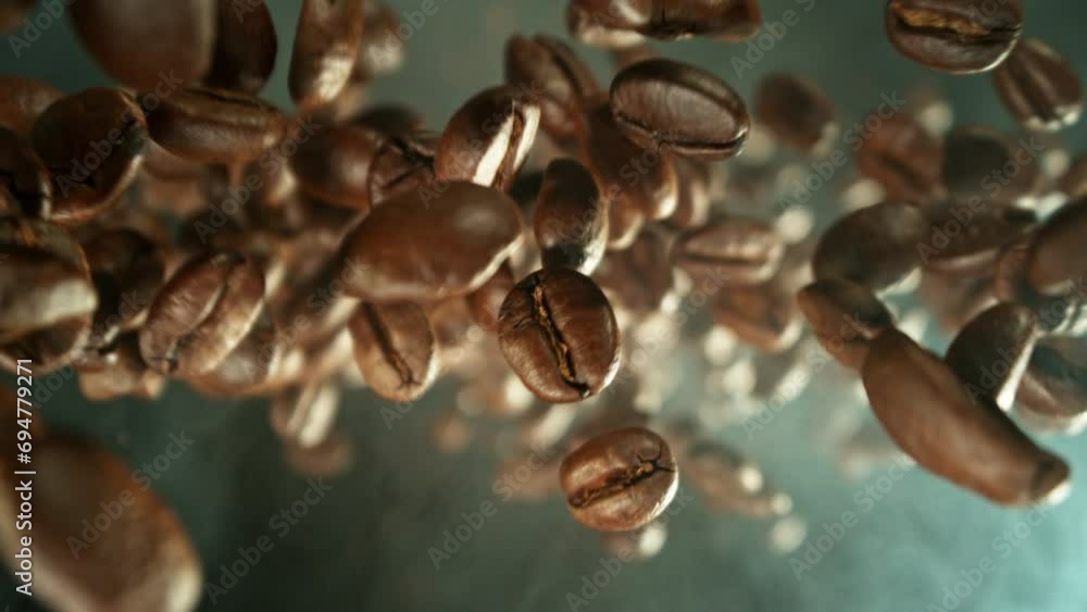 Poster super slow motion of rotating falling coffee beans isolated on brown background. macro shot, smoke o