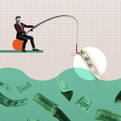 A man fishes a hundred dollar out of the water. Art collage.