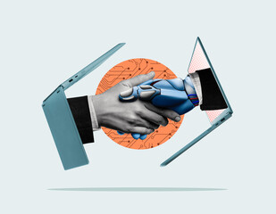 Handshake of man and robot. Modern technologies. Art collage. - 694779263