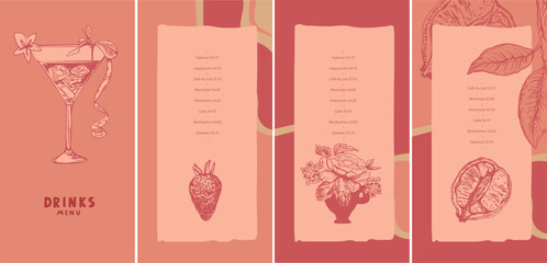 Fototapeta na wymiar Vector drinks menu design template. Cocktail and drink ingredients drawn in stroke style. Layout for outdoor restaurant, pool bar. Not bright shades of red