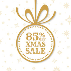 85% off. Xmas sale label, tag or icon. Christmas ball with bow and ribbon. Holiday discount banner. 85 percent price off sign or logo design with snowflake background. Vector illustration.
