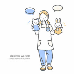 パペットを使って話しかける女性保育士　シンプルでお洒落な線画イラスト