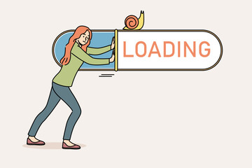 Woman suffers from slow internet and pushes loading bar with snail, needing to connect to 5G network. Problems with internet causing decrease in productivity for completing work tasks - obrazy, fototapety, plakaty