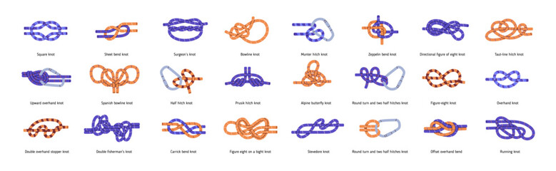 Different sailor rope knots set. Learning, tutorial who to reef marine string nodes. Climbing bundled, hiking loops, noose ties with hitch. Flat isolated vector illustration on white background - obrazy, fototapety, plakaty