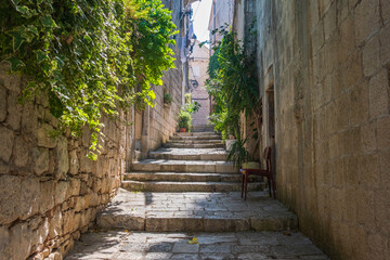 Romantic old street in historic town of Korcula, Dalmatia, Croatia