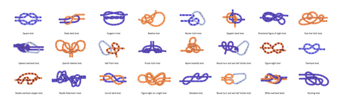 Different sailor rope knots set. Learning, tutorial who to reef marine string nodes. Climbing bundled, hiking loops, noose ties with hitch. Flat isolated vector illustration on white background