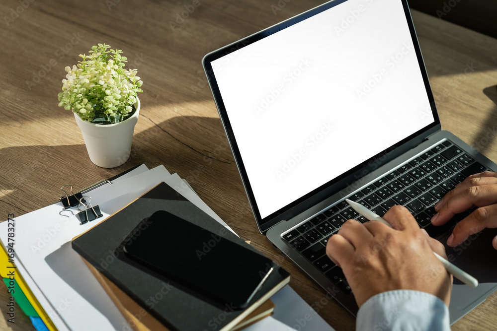 Poster businessman using a desktop computer of the blank screen device isolated screen online advertising