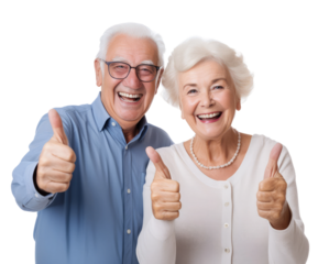Senior couple giving a thumbs up and smiling on white or transparent background