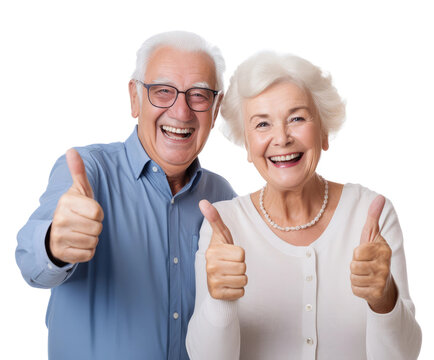 Senior couple giving a thumbs up and smiling on white or transparent background