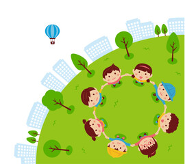 Vector banner illustration of children holding hands and looking up at the sky ( for corner design )
