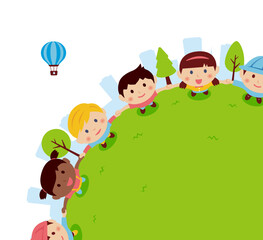 Vector banner illustration of children holding hands and looking up at the sky ( for corner design )