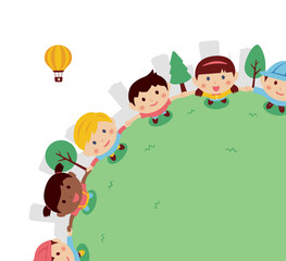Vector banner illustration of children holding hands and looking up at the sky ( for corner design )