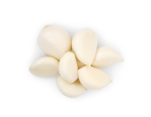 Fototapeta na wymiar Peeled cloves of fresh garlic isolated on white, top view