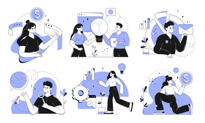Set of business concept scenes with characters. Men and women taking part in business meetings and activities, earning money, analyze data, developing business. Vector illustration in flat style.